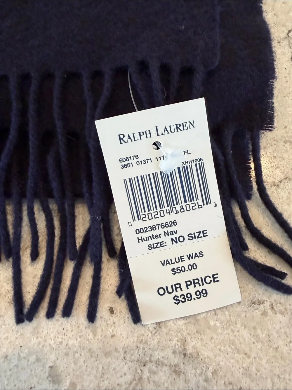 Polo Ralph Lauren 100% Lambswool Scarf Navy Made in Scotland Fringe NWT